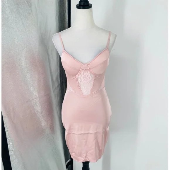 Pink Satin Silk Lace Sleeveless Bustier Bodycon Mini Dress - Picture 8 of 17